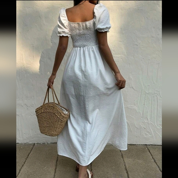 Pure White Deep V-Neck Puff Sleeve Slit Dress For Women - Picture 2 of 4